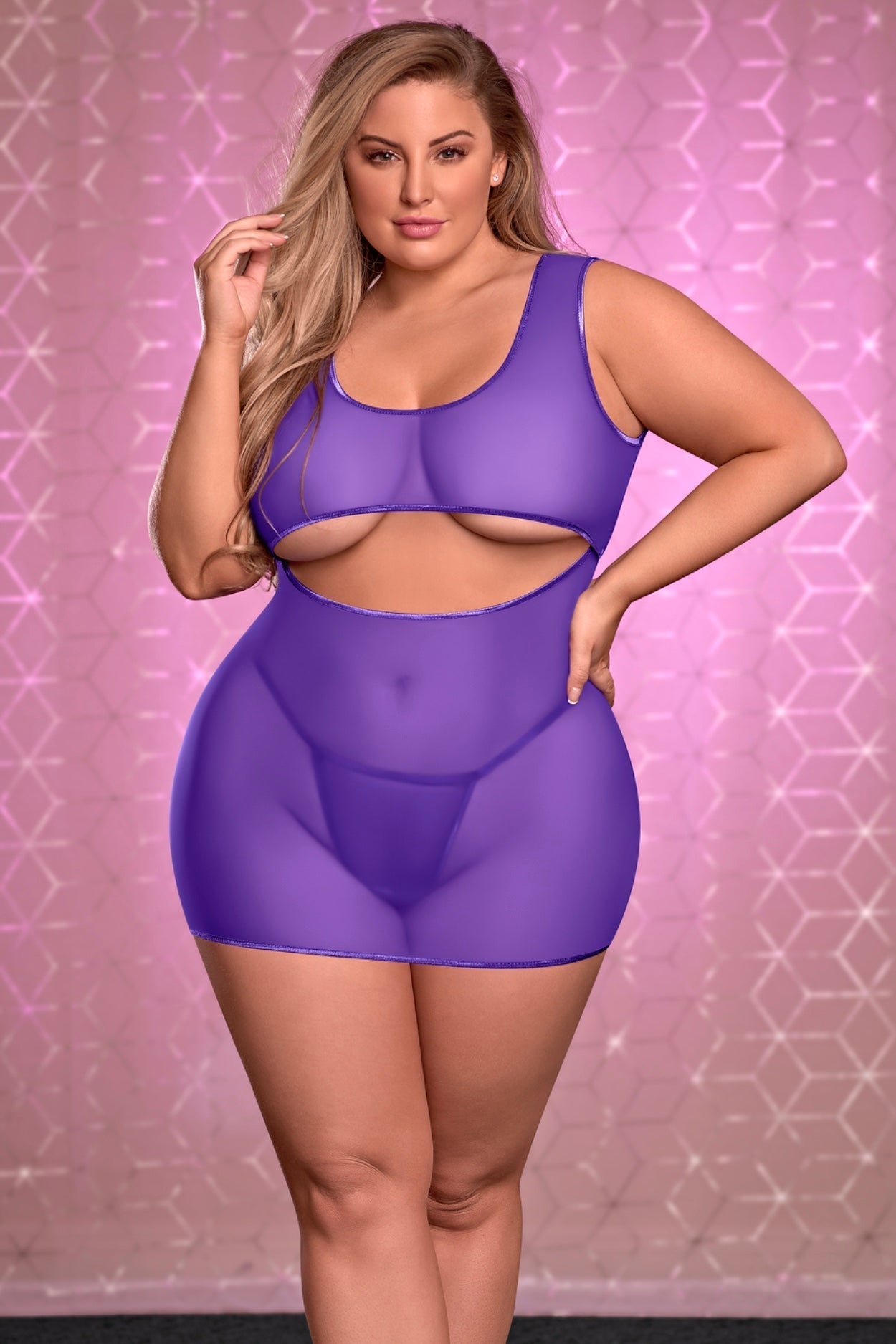 Underboob Dress &amp; Crotchless G-String Purple - Curvynlingerie Plus Size 