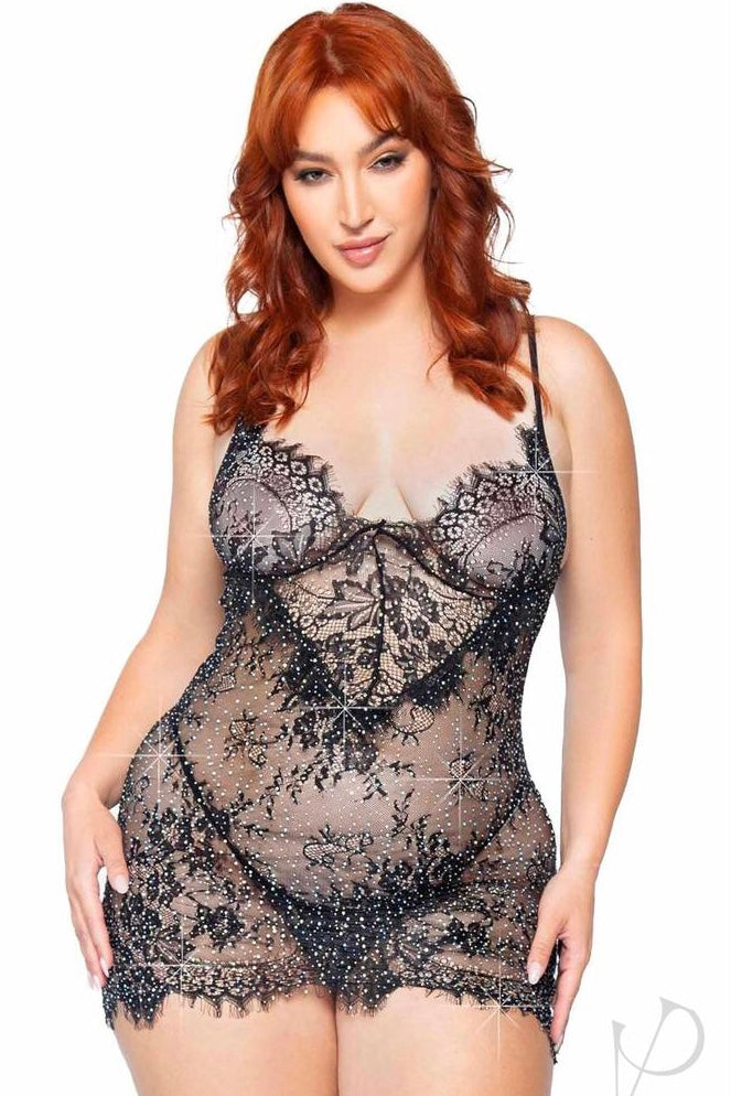 Eyelash Lace Rhinestone  babydoll - Curvynlingerie Plus Size 