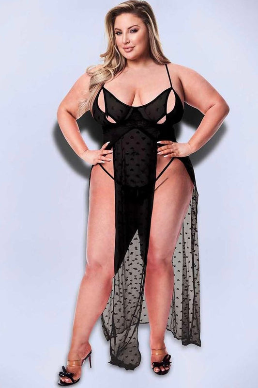 Plus size mesh gown and g-string set-Curvynlingerie Plus Size