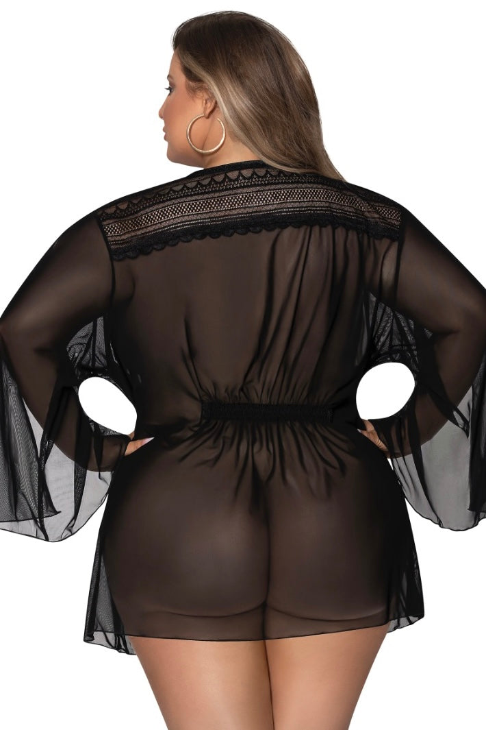 Flowing Short Robe Black - Curvynlingerie Plus Size 