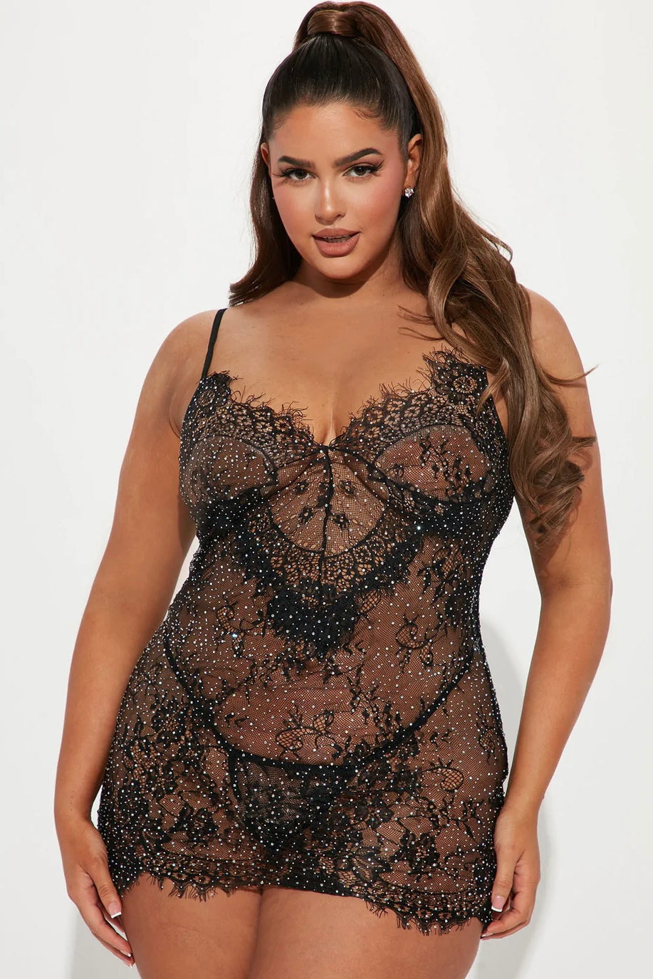 Eyelash Lace Rhinestone  babydoll - Curvynlingerie Plus Size 