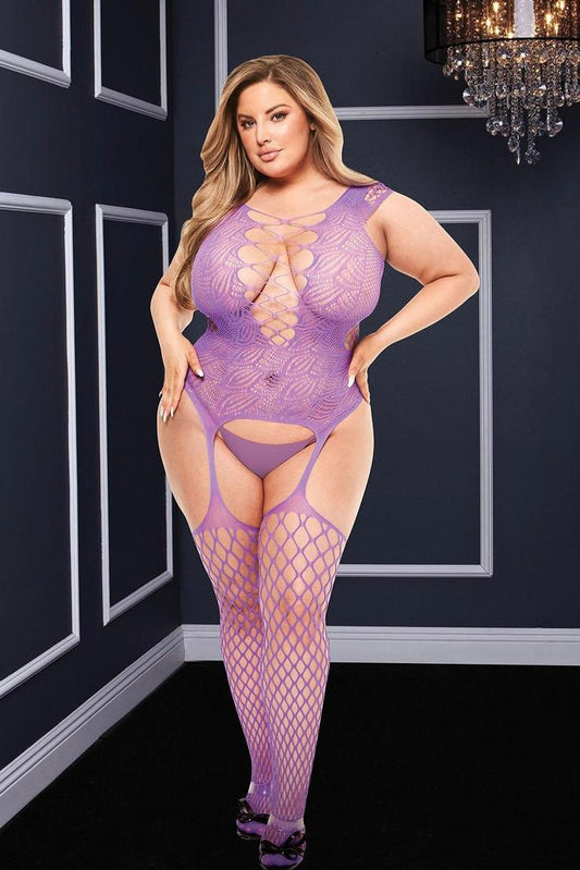 Corset fishnet bodystocking purple - Curvynlingerie Plus Size 