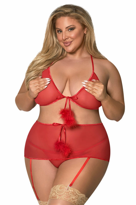 Marabou Bra, Garter Skirt &amp; G Set - Curvynlingerie Plus Size 