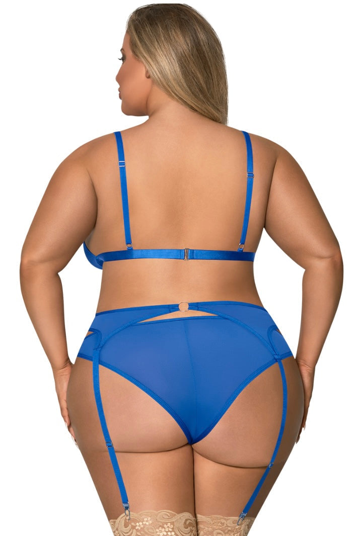 Bra, Garter &amp; Rouched Panty Cobalt - Curvynlingerie Plus Size 