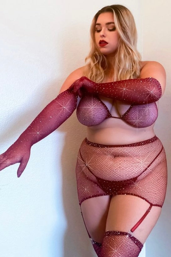 Skirt,Bikini Top, G-String, Gloves &amp; Stockings burgundy - Curvynlingerie Plus Size 