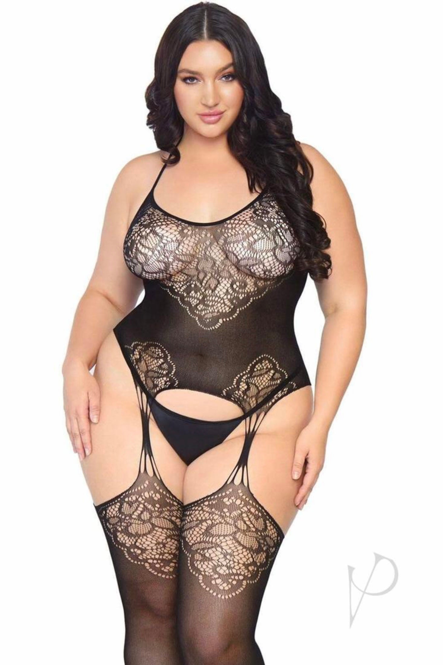 Jacquard Lace Suspender Bodystocking - Curvynlingerie Plus Size 