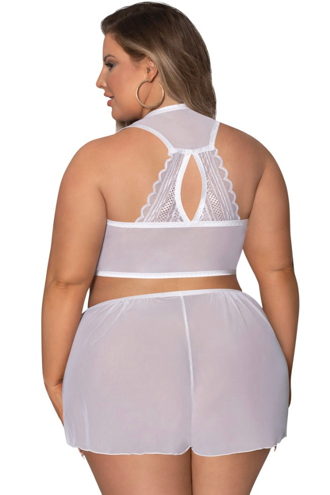 Tie Front Halter &amp; Tap Pant White - Curvynlingerie Plus Size 