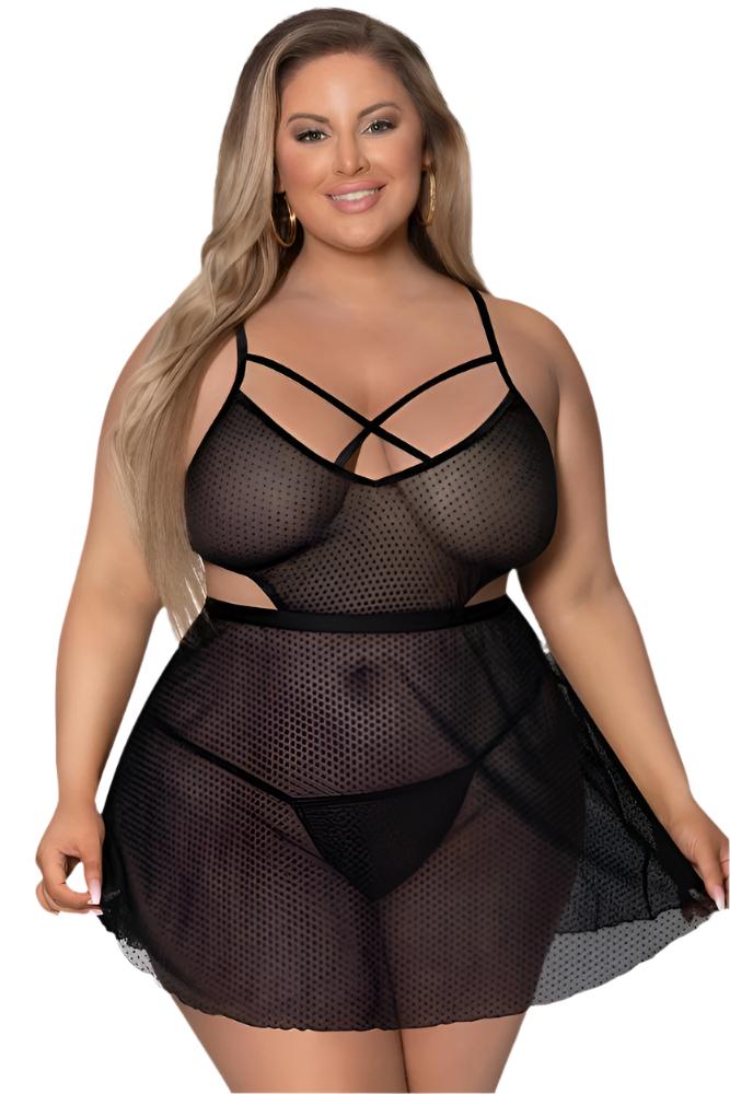 Baby Doll &amp; Crotchless Panty Set - Curvynlingerie Plus Size 