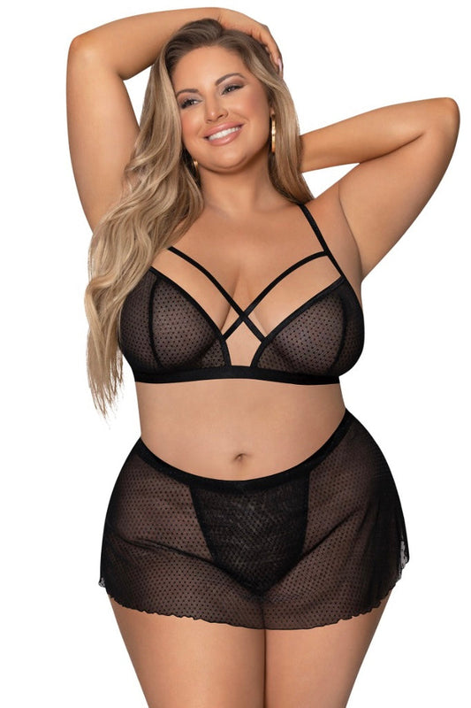 Strappy Bralette w/Flirty Thong Skirt - Curvynlingerie Plus Size 