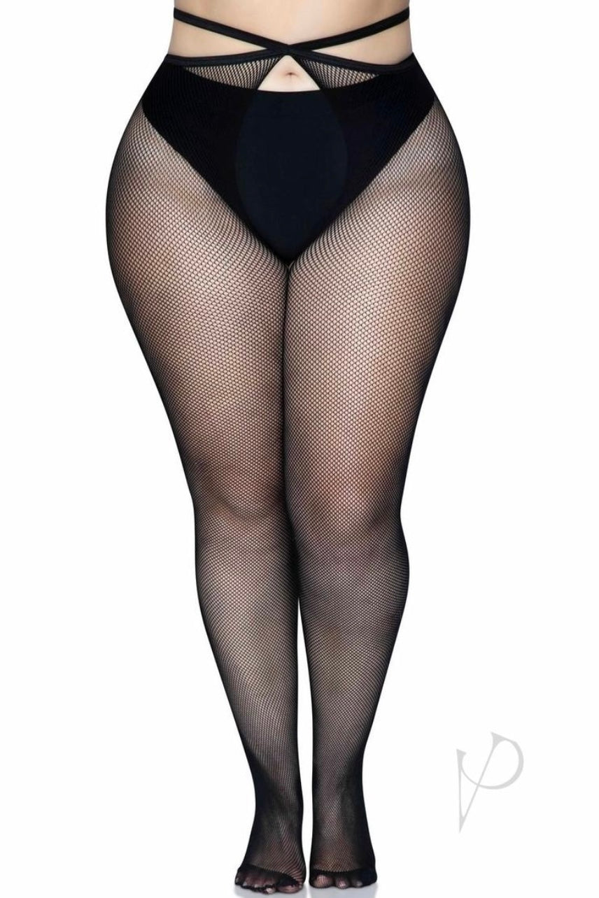 Micro Net Strappy Waist Crotchless Tights - Curvynlingerie Plus Size 