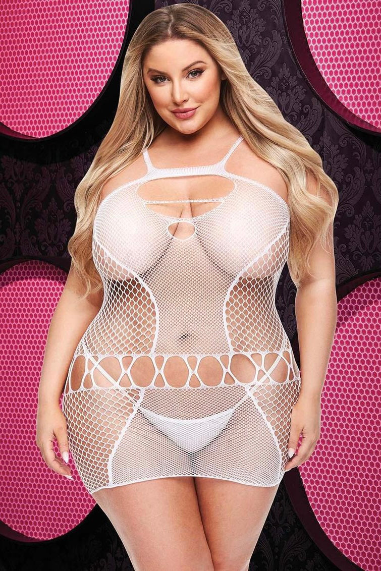 Fishnet mini dress white - Curvynlingerie Plus Size 