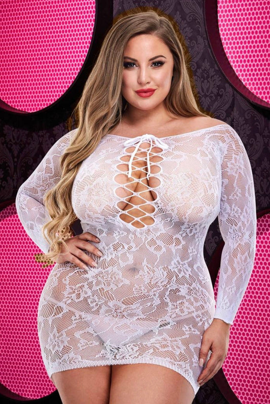 Lace mini dress black or white - plus size babydoll - Curvynlingerie Plus Size 