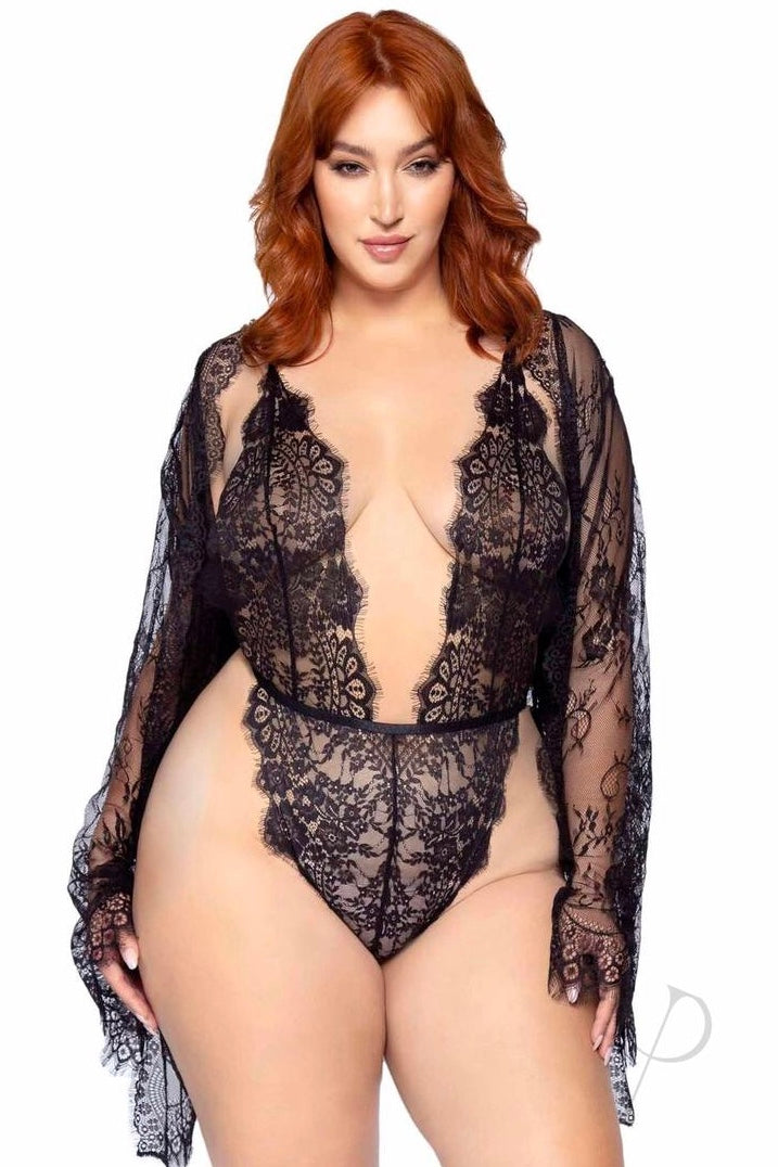 Floral Lace Teddy And matching robe - Curvynlingerie Plus Size 