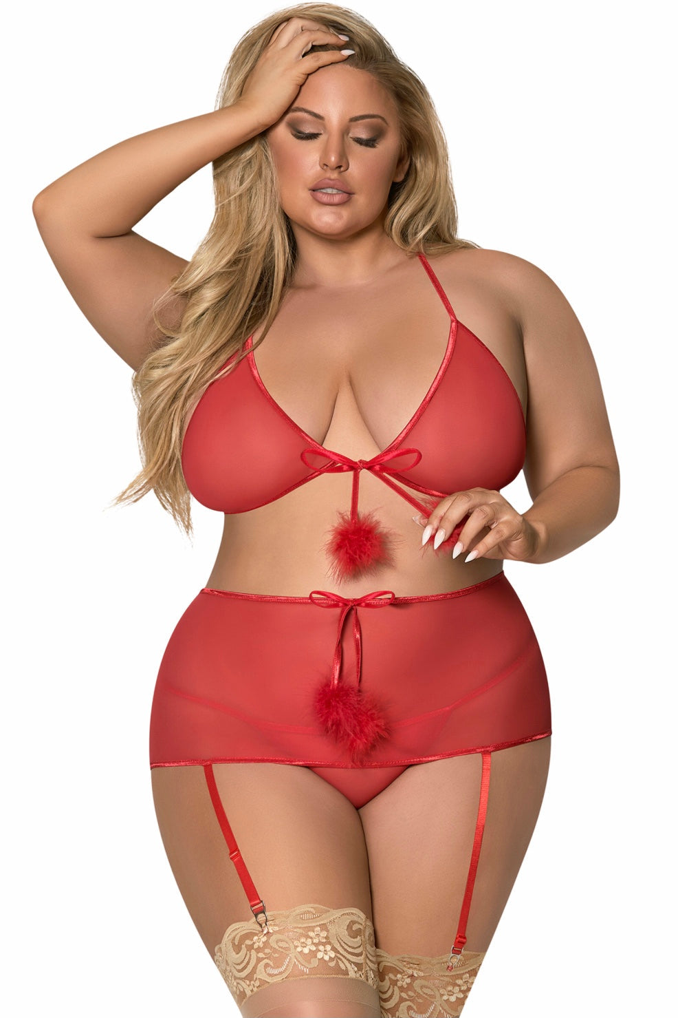 Marabou Bra, Garter Skirt &amp; G Set - Curvynlingerie Plus Size 