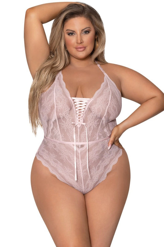 Strappy Back Teddy with Snap Crotch blush - Curvynlingerie Plus Size 