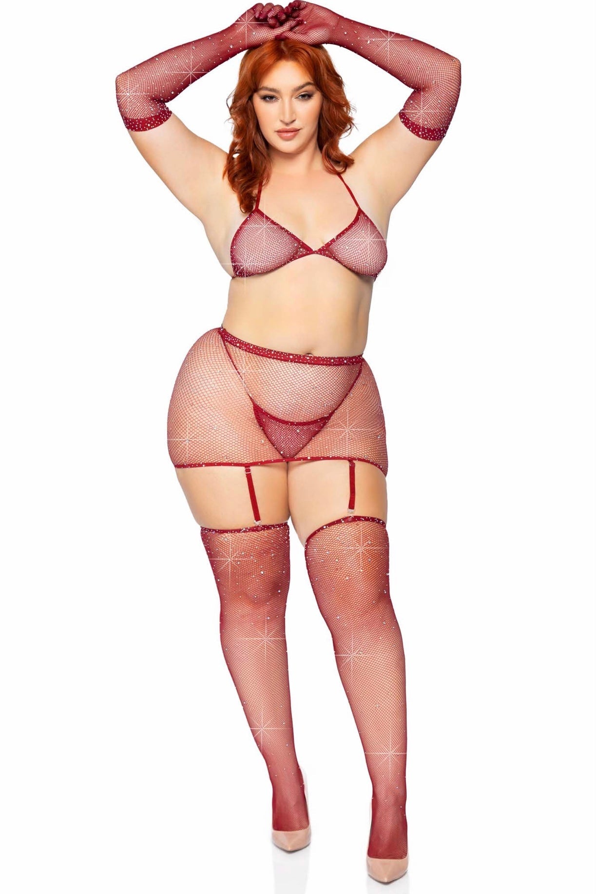 Skirt,Bikini Top, G-String, Gloves &amp; Stockings burgundy - Curvynlingerie Plus Size 