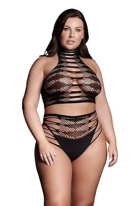 Two Piece with Open Cups, Crop Top and Pantie - Curvynlingerie Plus Size 