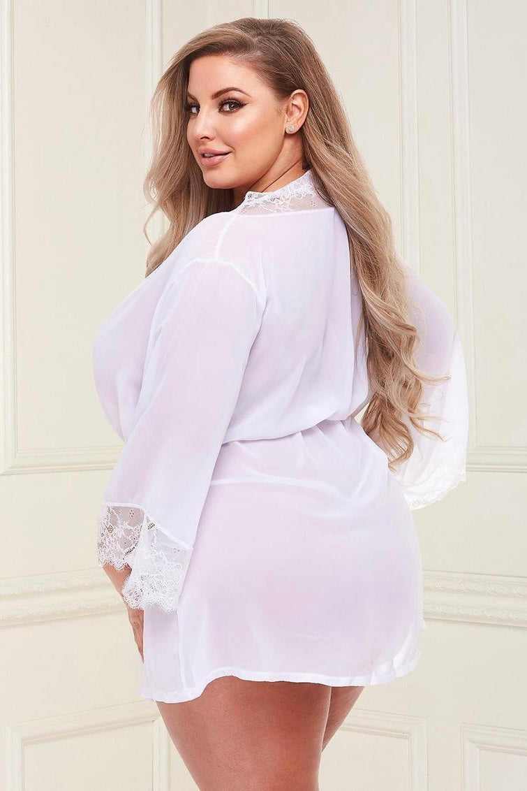 Sheer chiffon and lace robe white - Curvynlingerie Plus Size 