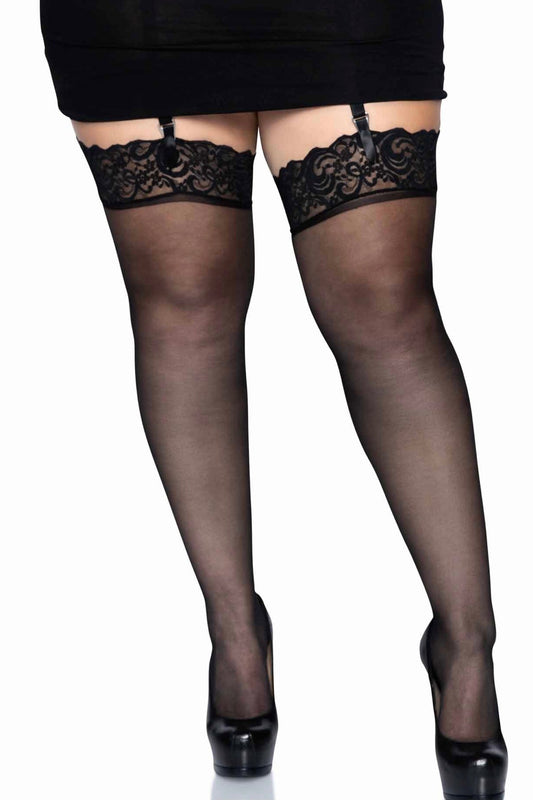 Nylon Sheer Thigh High with Lace Top - Curvynlingerie Plus Size 