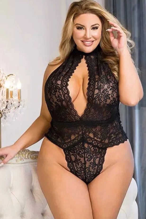 Soft lace collared teddy Alisson - Curvynlingerie Plus Size 