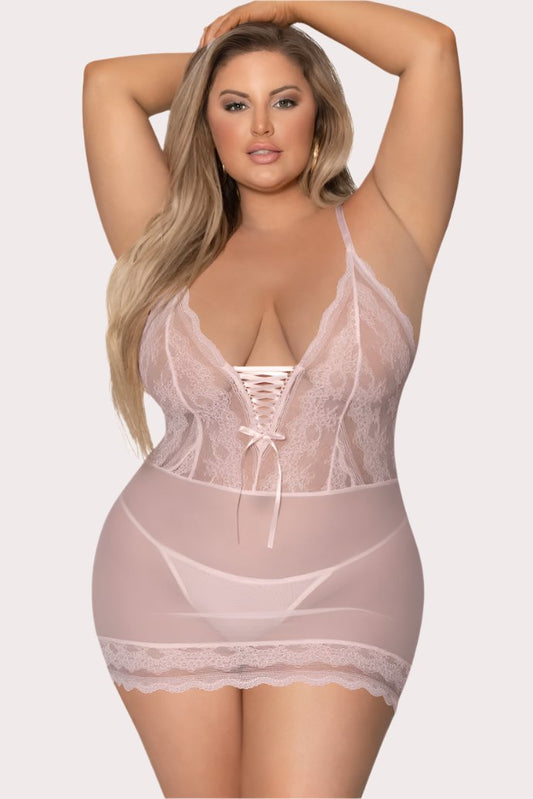 Lace Up Chemise &amp; G-Set Blush - Curvynlingerie Plus Size 