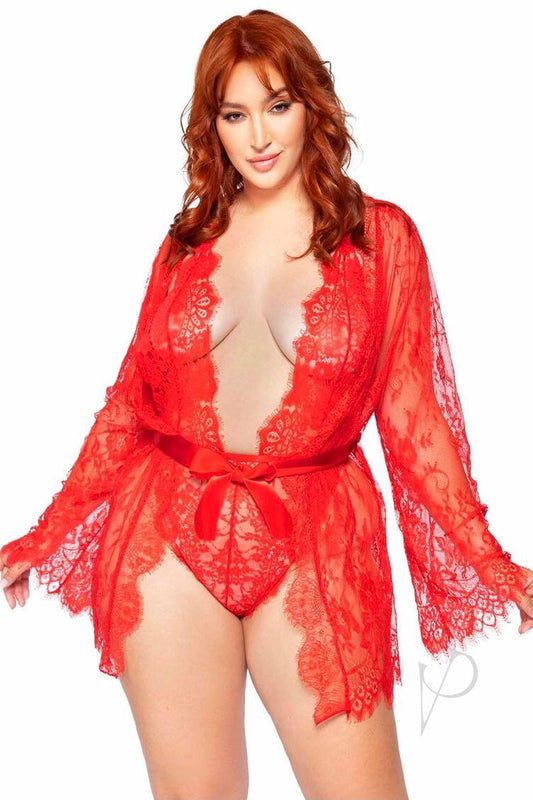 Floral Lace Teddy And matching robe red - Curvynlingerie Plus Size 