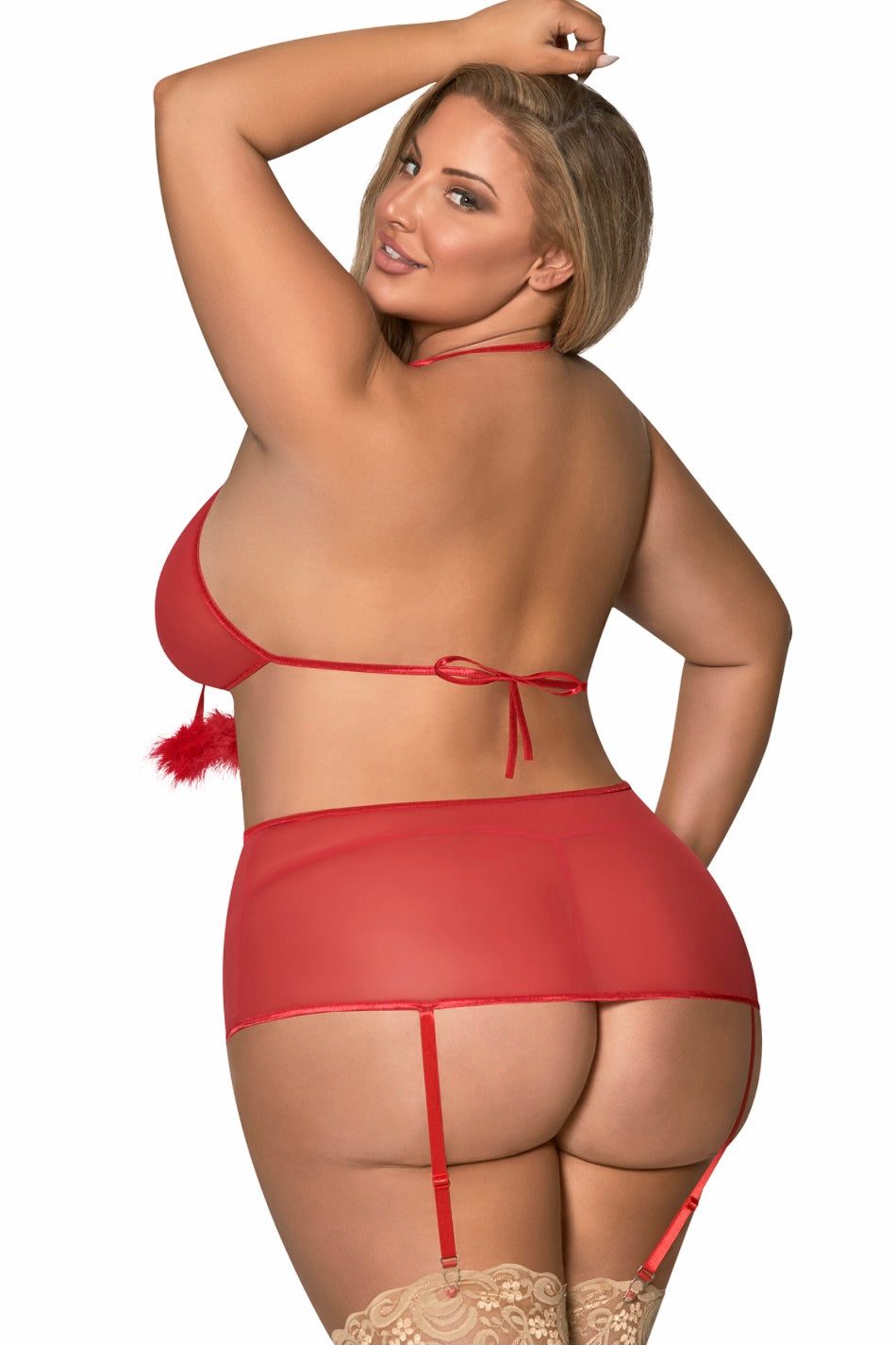 Marabou Bra, Garter Skirt &amp; G Set - Curvynlingerie Plus Size 