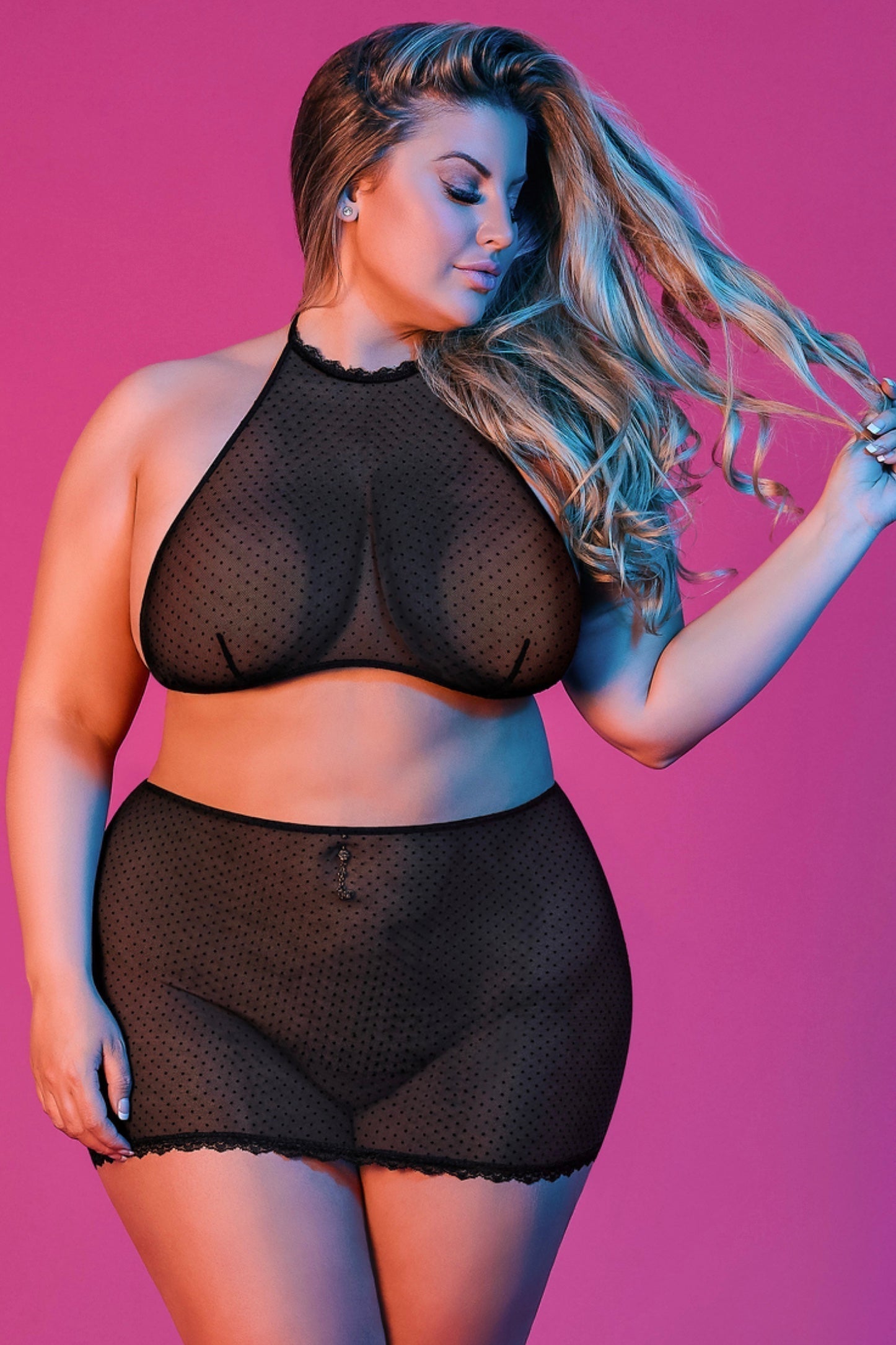 Polka Dot Mesh Halter & Skirt Set - plus size bra set - Curvynlingerie Plus Size 