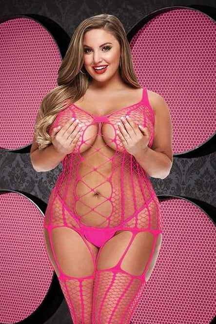 Criss cross bodystocking pink - Curvynlingerie Plus Size 