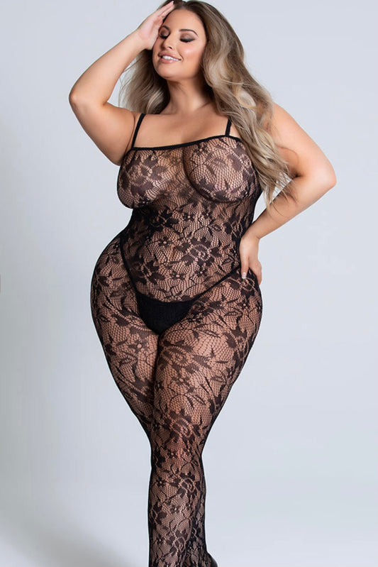 Rose lace bodystocking black - Curvynlingerie Plus Size 