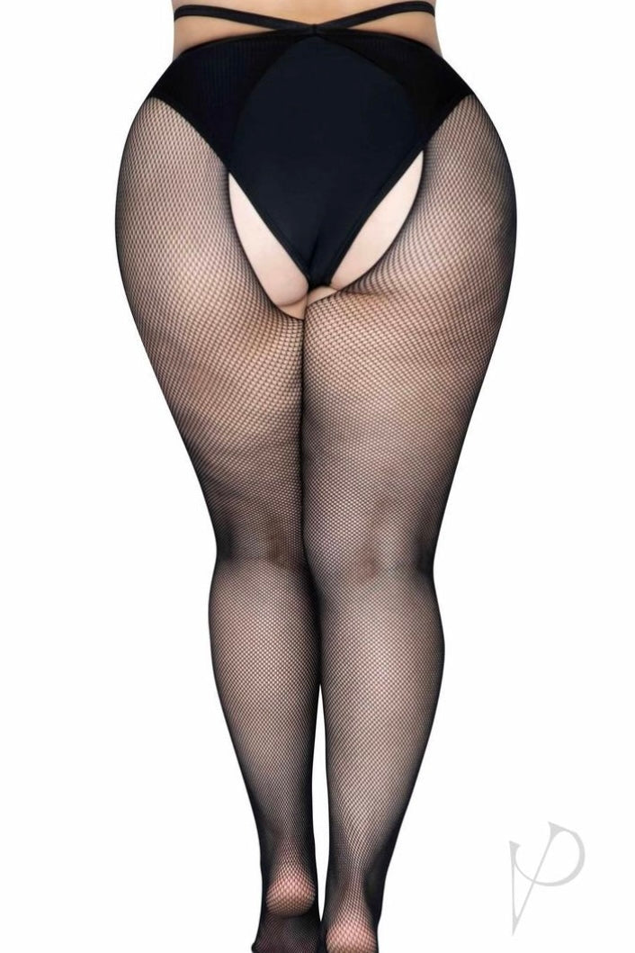 Micro Net Strappy Waist Crotchless Tights - Curvynlingerie Plus Size 