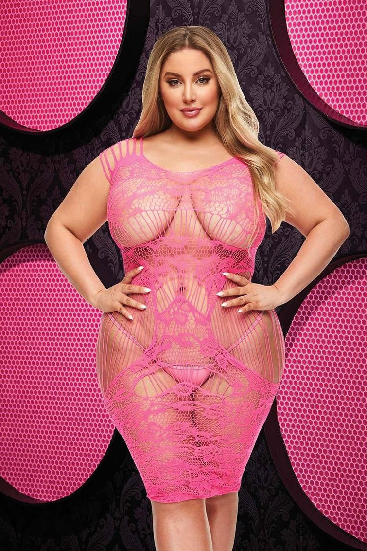 Lace cut out mini dress pink - Curvynlingerie Plus Size 