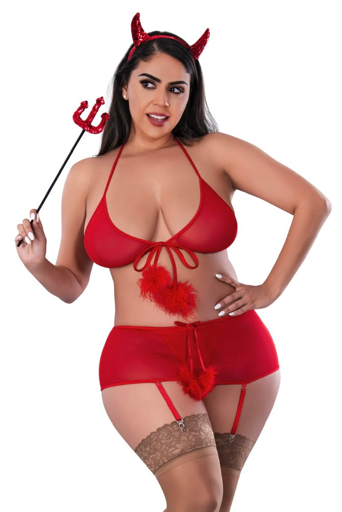 Plus size Marabou Bra, Garter Skirt & G Set