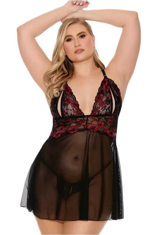 Plus size Split Cup Babydoll & G-String Panty-Curvynlingerie Plus Size