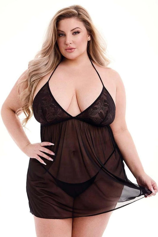 Plus size Eco lace and mesh chemise-Curvynlingerie Plus Size.com