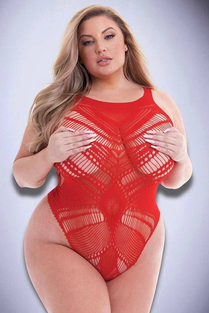 Plus size Jacquard bodysuit red-Curvynlingerie Plus Size.com