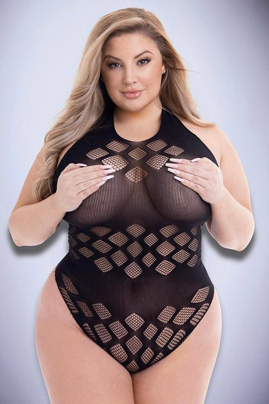 Plus size Jacquard bodysuit black-Curvynlingerie Plus Size.com