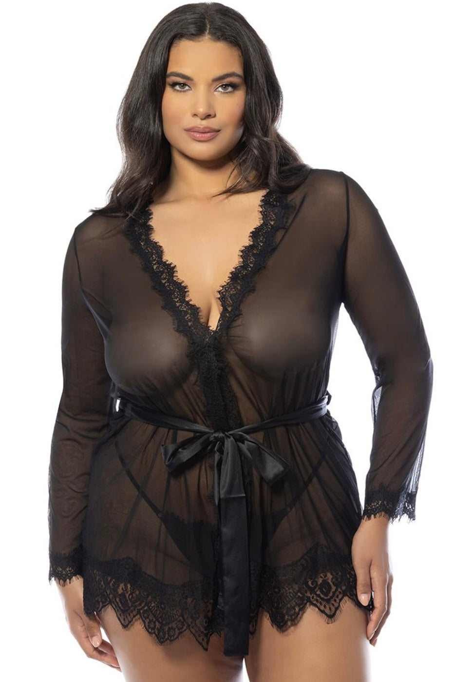 plus size Eyelash robe with satin sash black-Curvynlingerie Plus Size