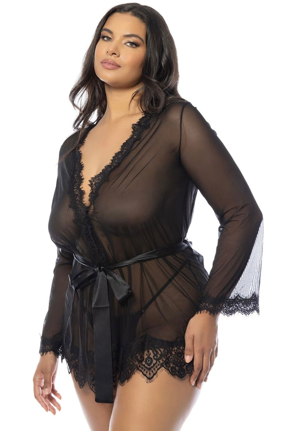 Plus size Eyelash robe with satin sash black