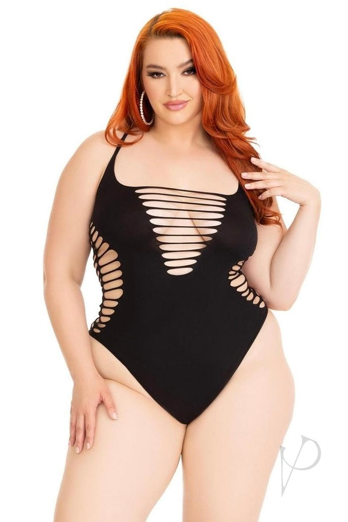 Plus size Seamless Shredded Racer Back Thong Bodysuit-Curvynlingerie Plus Size