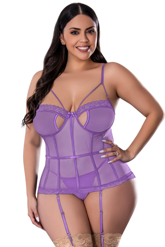 Keyhole Basque & Crotchless G-String purple-Curvynlingerie Plus Size