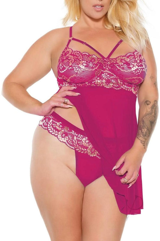 Plus size Baby Doll & thong pussycat pink-Curvynlingerie Plus Size