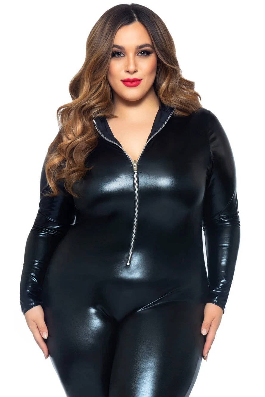 Plus size wet look cat suit costume