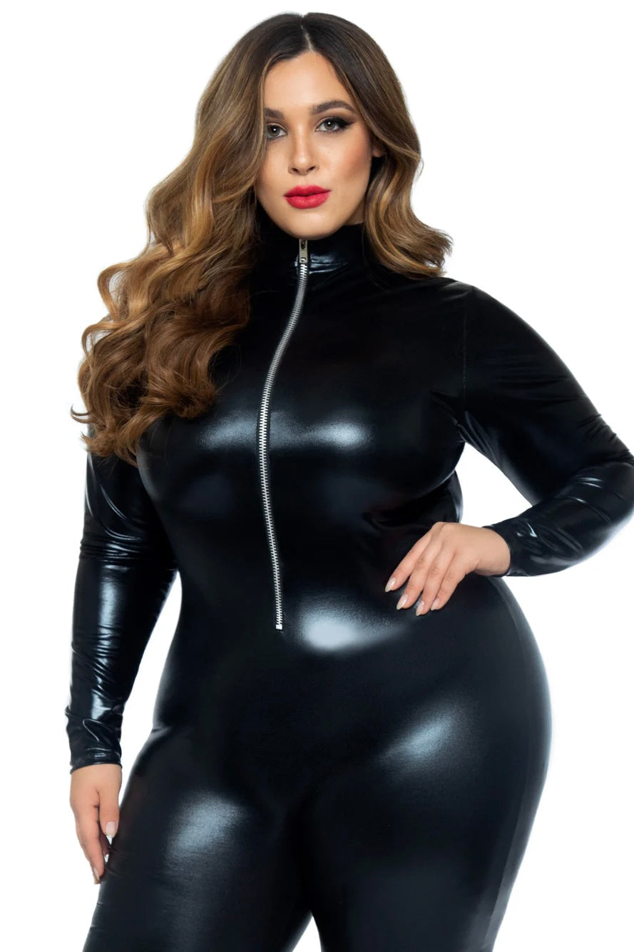 Plus size wet look cat suit costume