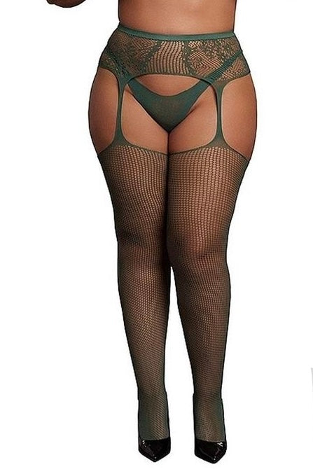 Plus size Fishnet and Lace Garterbelt Stocking green