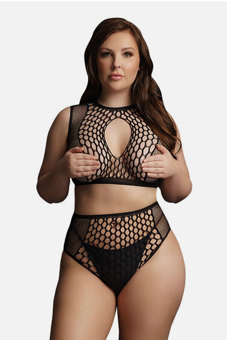 Plus size Duo Net Key Hole Bra Set black