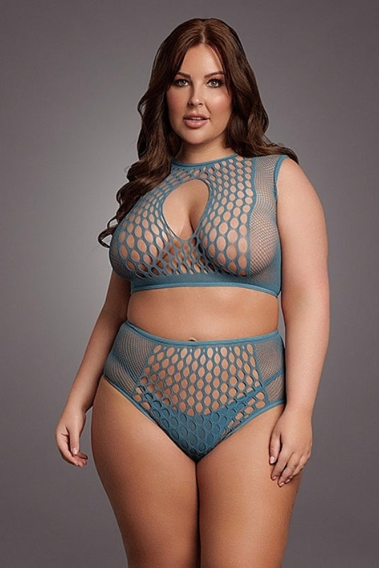 Plus size Duo Net Key Hole Bra Set blue