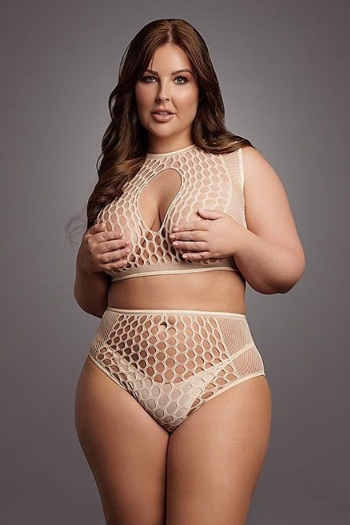 Plus size Duo Net Key Hole Bra Set beige