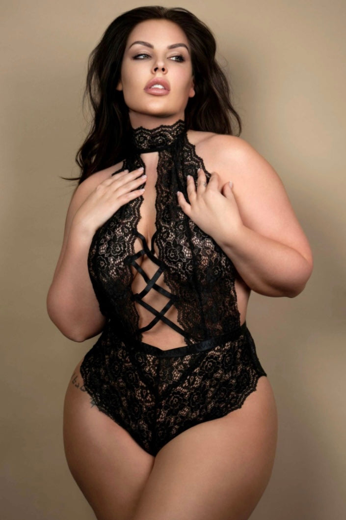 Plus size Neck Floral Lace Backless Teddy