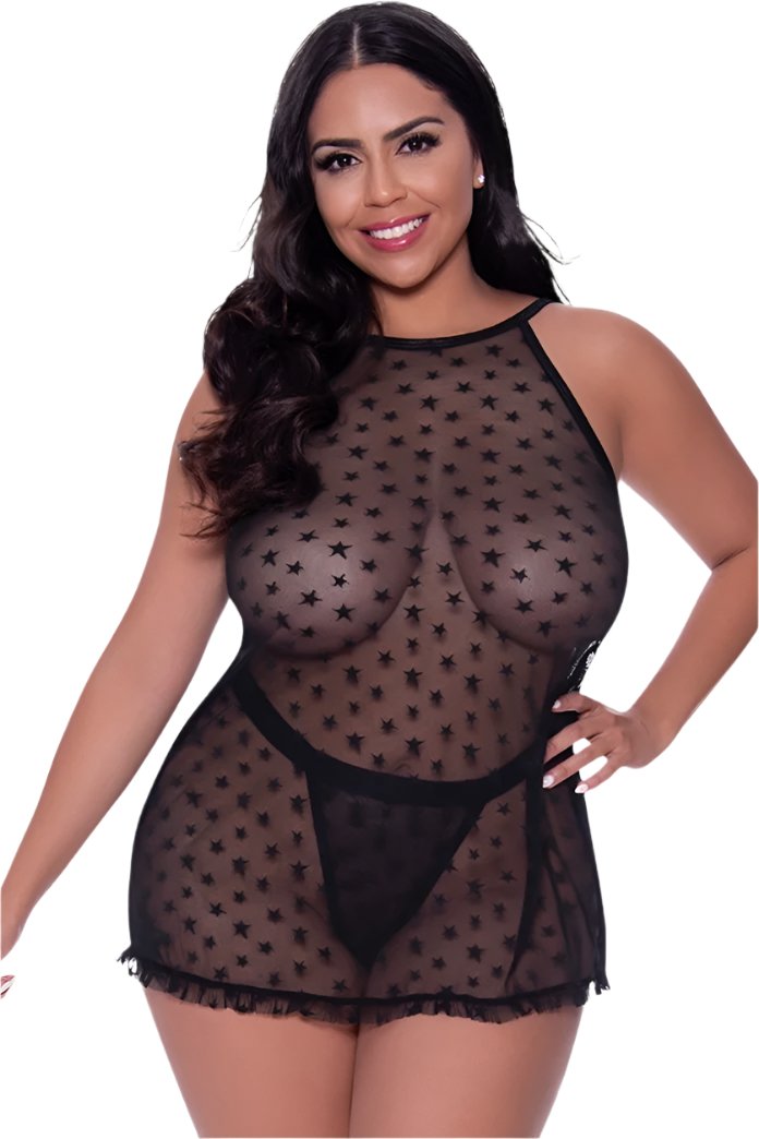 Plus size Halter Swing Chemise & Thong Set Front